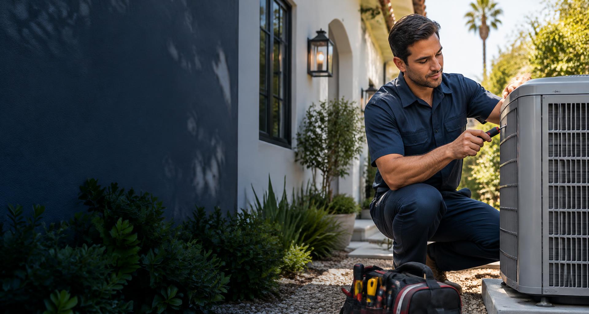 Professional HVAC technician servicing an outdoor air conditioner at a home — residential HVAC service in Beverly Hills